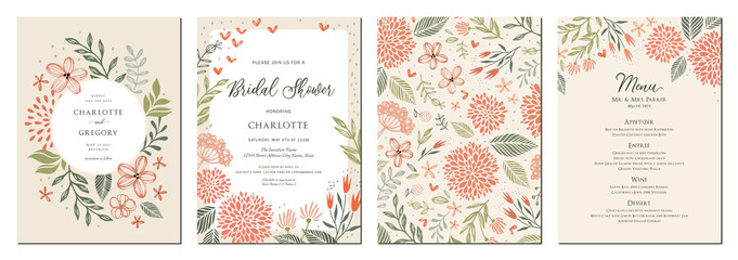 Universal hand drawn floral templates in warm colors perfect for an autumn or summer wedding and birthday invitations, menu and baby shower. - obrazy, fototapety, plakaty