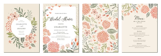Fotobehang Universal hand drawn floral templates in warm colors perfect for an autumn or summer wedding and birthday invitations, menu and baby shower. © KatyaKatya