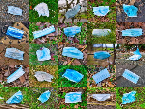 An authentic collection of 25 disposable facemasks discarded as litter in urban and rural settings, causing health hazards and environmental pollution and damage.