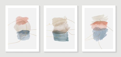 Abstract art background vector. Modern gold shape line art wallpaper.  Minimalist hand painted illustrations with watercolor stain texture for home deco, wall art, Social media story background.