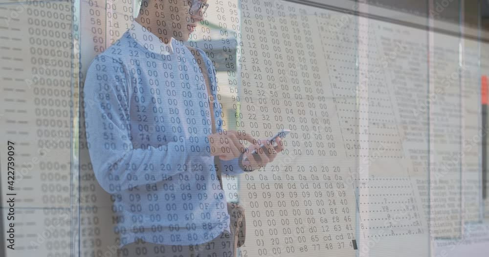 Poster animation of numbers changing and data processing on computer screens over man using smartphone