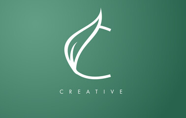 Elegant C letter Leaf Logo Design with Outline Monogram Style Flat and Minimalist Vector