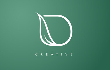 Elegant D letter Leaf Logo Design with Outline Monogram Style Flat and Minimalist Vector