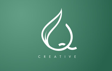 Elegant Q letter Leaf Logo Design with Outline Monogram Style Flat and Minimalist Vector