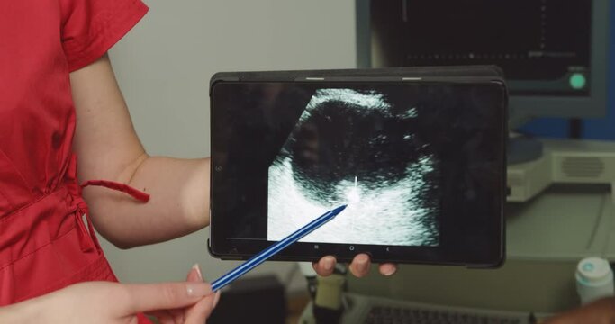 Young female caucasian doctor in modern clinic, holding tablet pc, demonstrating digital tablet pc with ultrasound scan, posing near modern ultrasonic lithotripter machine in urology medical center