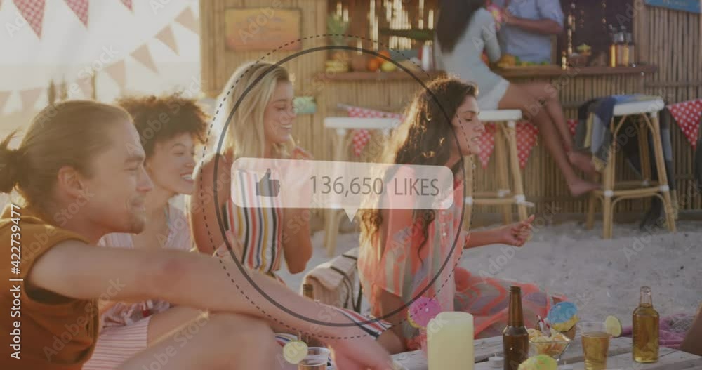 Poster animation of speech bubble with thumbs up icon and numbers over friends having party on beach