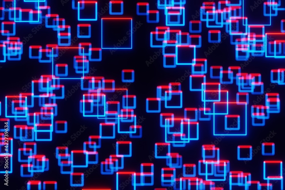 Poster square shaped glowing neon frame on dark background 3d rendering