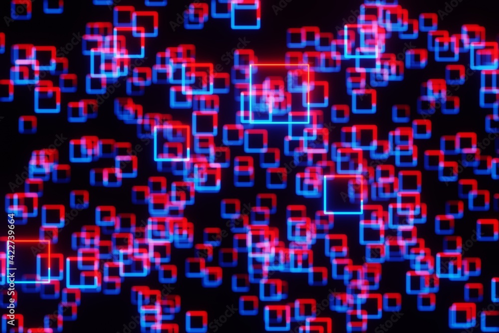 Poster square shaped glowing neon frame on dark background 3d rendering