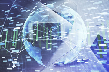 Double exposure of business theme hologram over desktop with phone. Top view. Mobile international trade connection concept.