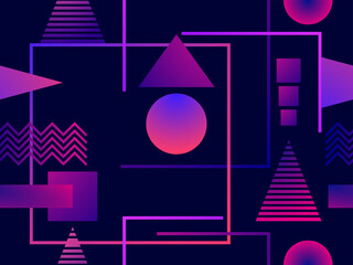 Gradient geometric seamless pattern in 80s style with memphis elements. Synthwave retro background. Retrowave. Background for printing on paper, advertising materials and fabric. Vector illustration