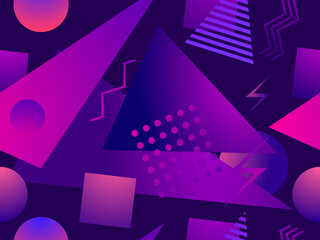 Gradient geometric seamless pattern in 80s style with memphis elements. Synthwave retro background. Retrowave. Background for printing on paper, advertising materials and fabric. Vector illustration