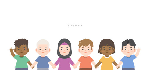 A group of diversity kids (White, Black, African, Asian, Arabic, Albino) cute character cartoon holding hand together illustration vector on white background and space for texting. Ethnic diversity