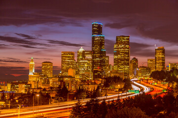 Fototapeta na wymiar View of Seattle downtown over I5 interstate highway at sunset from Dr. Jose Rizal Park, Washington, USA