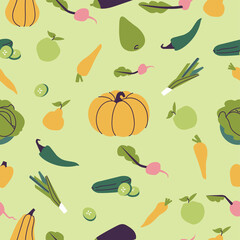 Vector illustartion set of fruit and vegetables. Seamless pattern. Vegetarian healthy food.