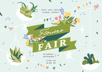 Flower show announcing poster template. Text customized for invitation to event. Garden party layout with fancy flowers in folk painting style. Vector illustration.