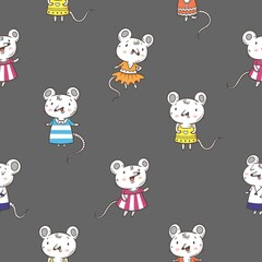 Seamless pattern with cute cartoon mice on grey background. Doodle character poster. Vector funny animals wallpaper. Print for children.