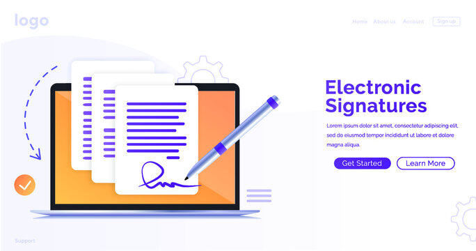 Electronic contract or digital signature concept in vector illustration. Signing an electronic contract online. Website template or web page layout. The working process. 