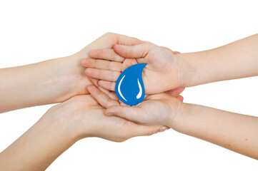 a drop of water in the palms of four hands on a white background, the concept of preserving clean water on the planet