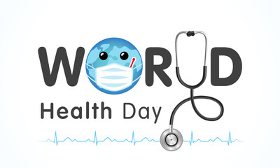 World Health Day earth in medical mask and text. Medical Health Day poster design with planet earth, stethoscope, heartbeat and lettering for celebration of April 7 holiday. Vector illustration