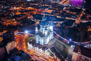 Aerial view of St Andrew's Church in Kyiv