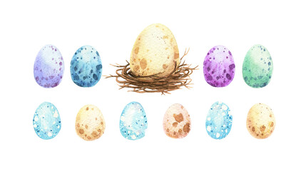 Watercolor nest egg. Colorful birds dot eggs. Cute Easter decoration elements