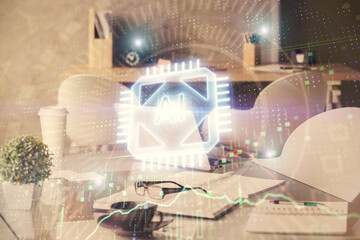 Double exposure of data theme drawing and office interior background. Concept of technology.