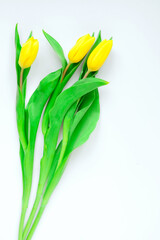 bright yellow tulips. A bouquet of flowers on the table. Bright spring flowers. Selective fokus