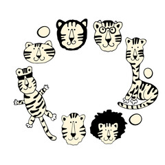 Circle of cute  tigers. Vector illustration.Wild animal. Symbol of 2022. Cute animal character idea for child and kid printable stuff and t shirt, greeting card, nursery wall art, postcard