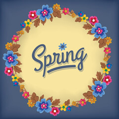 Spring floral pattern with round shape. The colors used in the wreath include green, blue, pink, yellow and brown. Vector illustration.