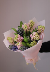 Bouquet of hyacinth flowers. Woman holding fresh bouquet wrapped in pink paper.