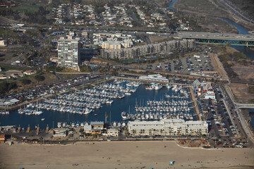 Daytime aerial view of the beach and downtown city area of Oceanside, California, USA.