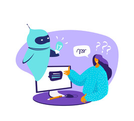 Dialog helping service Woman with questions. Chat with chatbot application Online Infrormation Artificial Intelligence Chat bot future. AI business Internet of things concept Flat Vector illustration