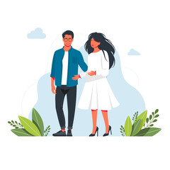 a man and a woman are standing together hugging Young romantic couple on a date. Woman, man are in love. Husband and wife family. Couple cuddling. Happy man and woman standing together having.Vector