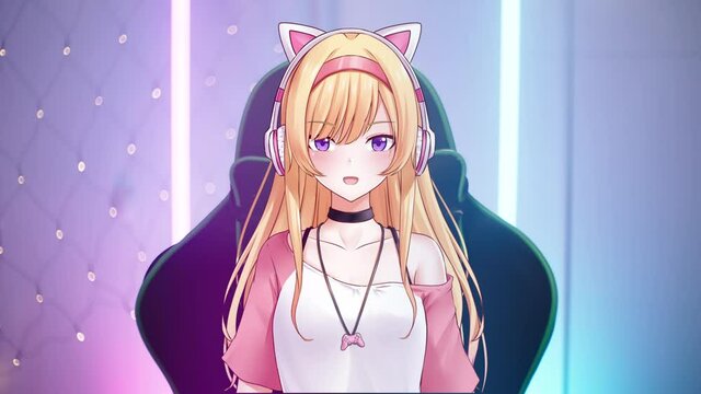 Cute blonde anime character vtuber with gaming headphones sing to viewers 4K