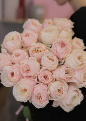 Young woman with a gift bouquet of pink roses, mono bouquet of peonies roses. Young woman holding fresh bouquet of roses.