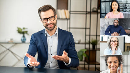 Ambitious businessman wearing formal suit holding online video conference with a diverse work team....