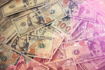 Multi exposure of forex chart drawing over us dollars bill background. Concept of financial success markets.