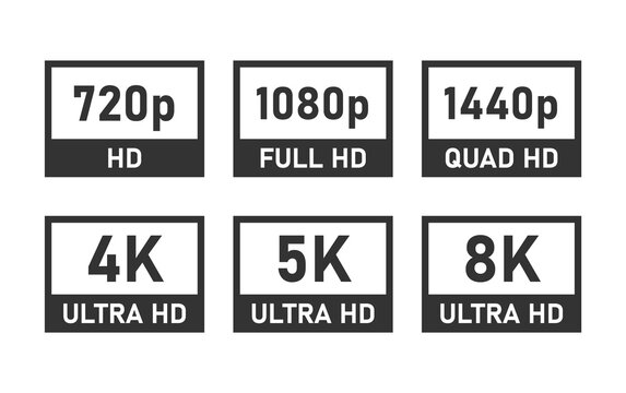 display resolution icons, 4K UHD, 8K, Quad HD, Full HD and HD screen resolution