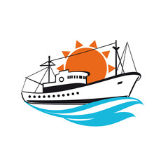 Fishing boat logo emblem with sun