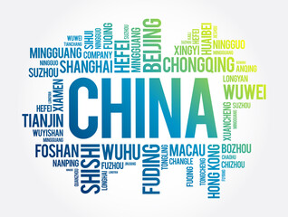 List of cities in China, word cloud collage, travel concept background