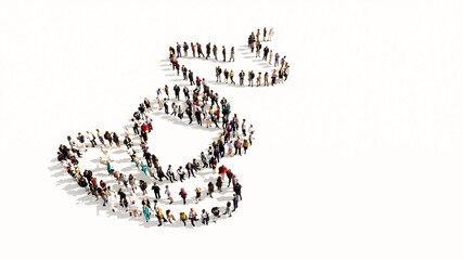 Concept conceptual large community of people forming the image of a hot cup of coffee, cappuccino or espresso on white background. A 3d illustration metaphor for morning, restaurant, break or energy