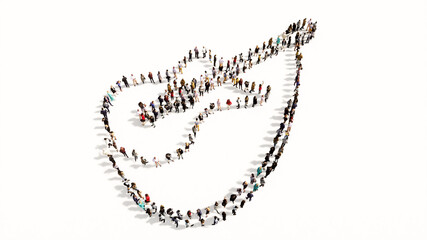 Concept or conceptual large gathering of people forming a guitar image on white background. A 3d illustration metaphor for music, concert, accoustic, festival, jazz, rock, lifestyle and entertainment