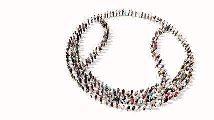 Concept or conceptual large community of people as the image of a ball on white background. A 3d illustration metaphor for sport,  basketball, tennis, competition and fun or helth