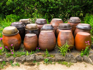 Jangdok or traditional korean pots for ferment kimchi, red pepper paste and soybeans, close up image