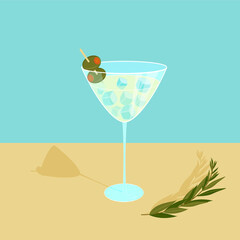 Cocktail with ice cubes on a blue background. Dry Martini. Vector.