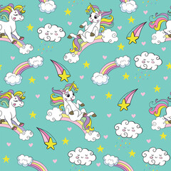 Seamless vector pattern with funny unicorns turquoise