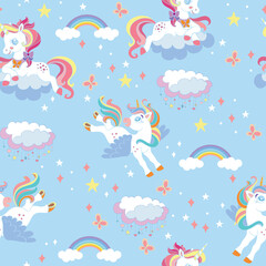 Seamless vector pattern with kawaii unicorns blue