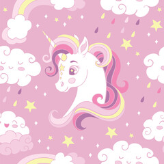 Seamless pattern with heads of unicorn and clouds pink