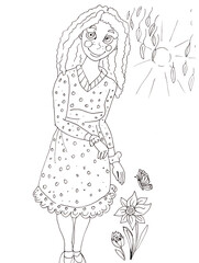 Spring girl hand drawn illustration on white background. Outline.