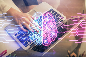 Multi exposure of woman hands working on computer and human brain hologram drawing. Ai tech concept.